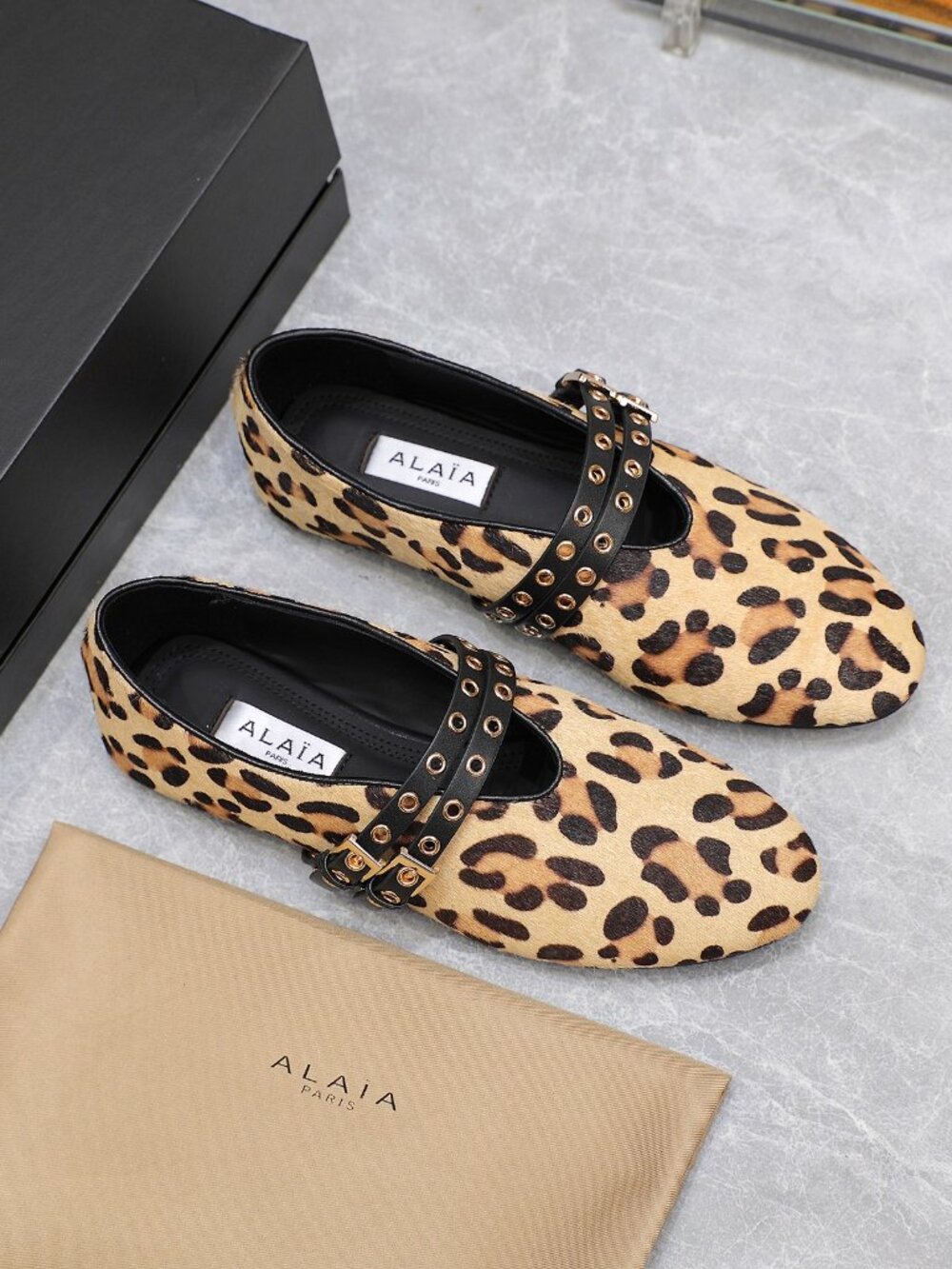 ALAÏA Leopard-Print Calf Hair Double-Buckle Mary Jane Flats - Picture 4 of 8